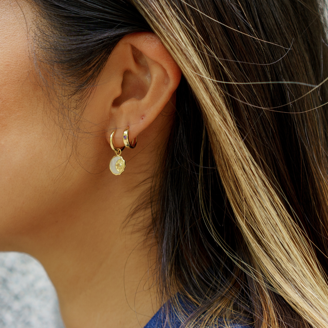 Heartbeat Huggie Hoops - Purple|18K gold plated | 925 | Slay jewellery | Stacked | modern | bold | limitless | hoops | ear stack | huggies | stackable | layered | everyday | demi fine | shell earrings | drop earrings | minimalist | gold | silver | small huggie | thick huggie | huggie hoop | chunky earrings | thick hoops | cz earring | nickel-free earrings | skin-friendly earrings