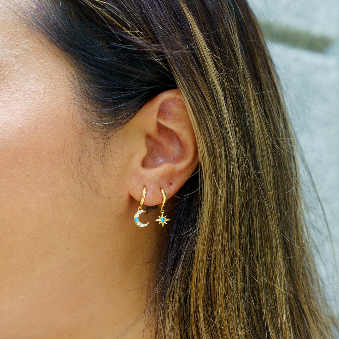 Celestial Charm Hoops | 18K gold plated | 925 | Slay jewellery | Stacked | modern | bold | limitless | hoops | ear stack | huggies | stackable | layered | everyday | demi fine | shell earrings | drop earrings | minimalist | gold | silver | small huggie | thick huggie | huggie hoop | moon huggies | star huggies | opal earrings | cz earrings