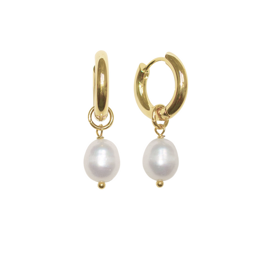 Pearl Of The Ocean Hoops  | 18K gold plated | 925 | Slay jewellery | Stacked | modern | bold | limitless | hoops | ear stack | huggies | stackable | layered | everyday | demi fine | shell earrings | drop earrings | minimalist | gold | silver | small huggie | thick huggie | huggie hoop | chunky earrings | thick hoops | cz earring | nickel-free earrings | skin-friendly earrings | pearl earrings | pearl drop hoop