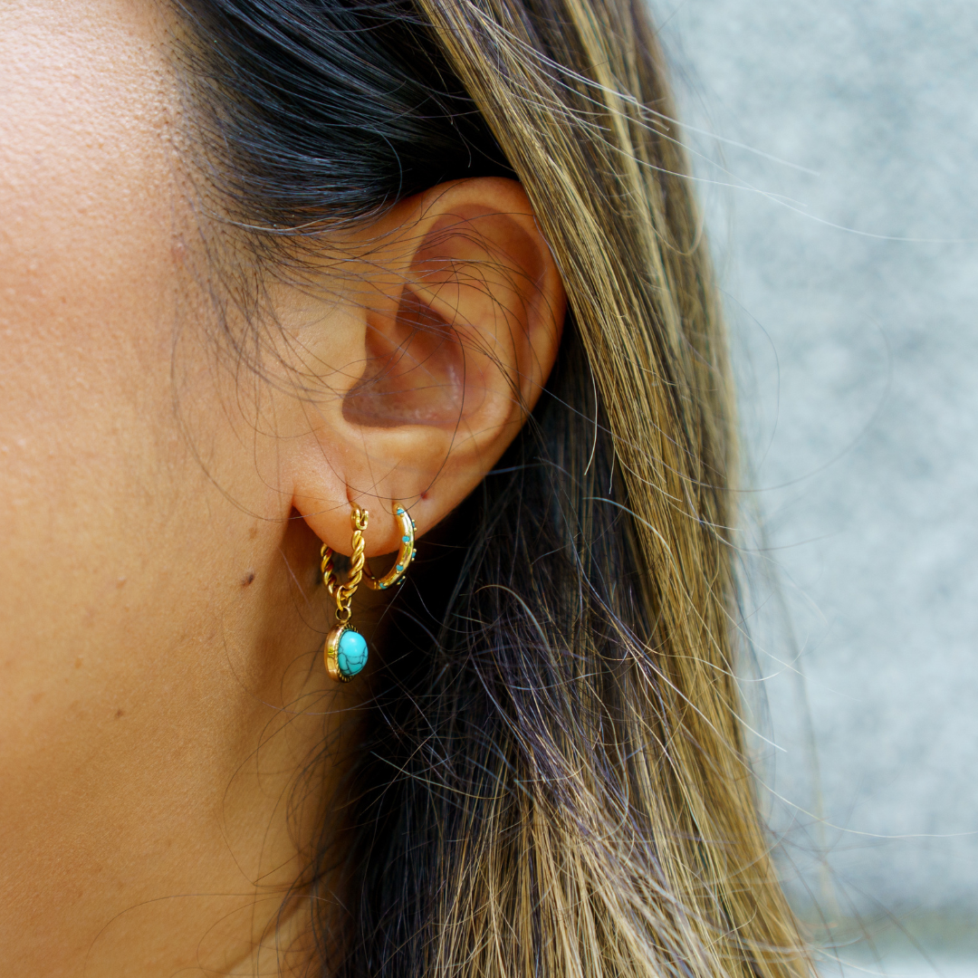 Hug Me Tight Huggie Hoops - Turquoise 18K gold plated | 925 | Slay jewellery | Stacked | modern | bold | limitless | hoops | ear stack | huggies | stackable | layered | everyday | demi fine | shell earrings | drop earrings | minimalist | gold | silver | small huggie | thick huggie | huggie hoop | chunky earrings | thick hoops | cz earring | nickel-free earrings | skin-friendly earrings