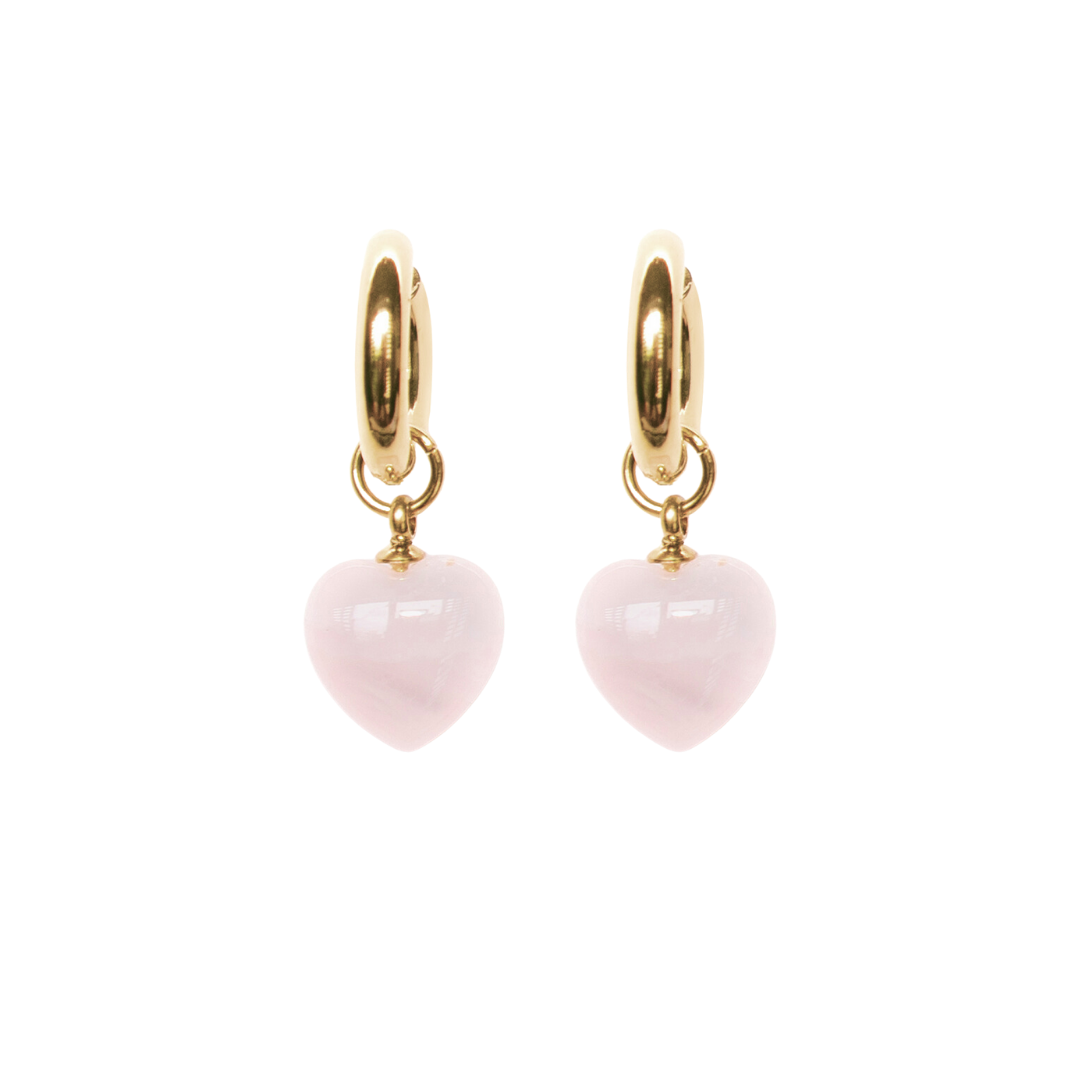 Full Of Heart Hoops - Rose Quartz | 18K gold plated | 925 | Slay jewellery | Stacked | modern | bold | limitless | hoops | ear stack | huggies | stackable | layered | everyday | demi fine | shell earrings | drop earrings | minimalist | gold | silver | small huggie | thick huggie | huggie hoop | chunky earrings | thick hoops | cz earring | nickel-free earrings | skin-friendly earrings