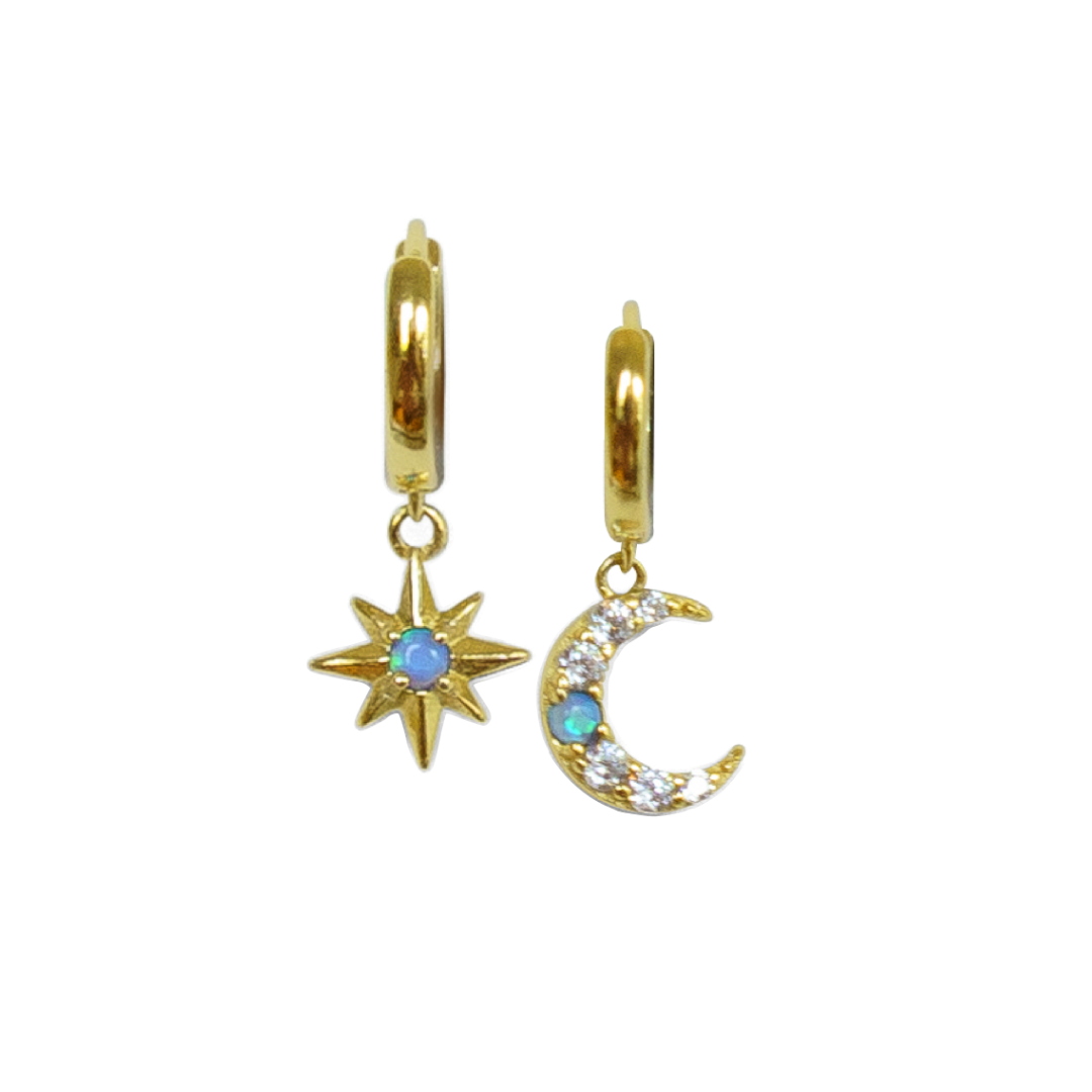 Celestial Charm Hoops | 18K gold plated | 925 | Slay jewellery | Stacked | modern | bold | limitless | hoops | ear stack | huggies | stackable | layered | everyday | demi fine | shell earrings | drop earrings | minimalist | gold | silver | small huggie | thick huggie | huggie hoop | moon huggies | star huggies | opal earrings | cz earrings