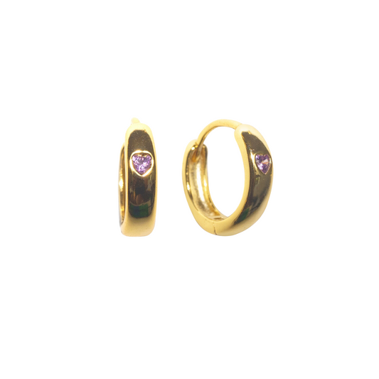 Heartbeat Huggie Hoops - Purple |18K gold plated | 925 | Slay jewellery | Stacked | modern | bold | limitless | hoops | ear stack | huggies | stackable | layered | everyday | demi fine | shell earrings | drop earrings | minimalist | gold | silver | small huggie | thick huggie | huggie hoop | chunky earrings | thick hoops | cz earring | nickel-free earrings | skin-friendly earrings