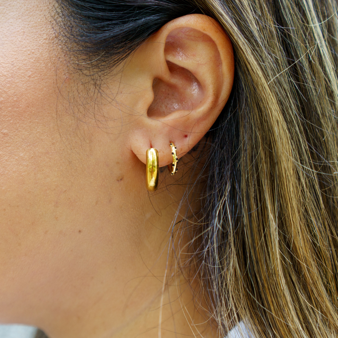 Hug Me Tight Huggie Hoops - Black 18K gold plated | 925 | Slay jewellery | Stacked | modern | bold | limitless | hoops | ear stack | huggies | stackable | layered | everyday | demi fine | shell earrings | drop earrings | minimalist | gold | silver | small huggie | thick huggie | huggie hoop | chunky earrings | thick hoops | cz earring | nickel-free earrings | skin-friendly earrings